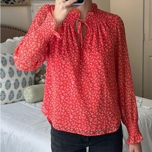 LOFT Orange Pink Long Sleeve Blouse with Mandarin Collar
